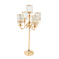 Gold Metal 5-Arm Candelabra with Crystal Pendant Glass Shades – 40" Tall Candle Holder for Pillar, LED, and Flameless Candles