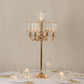 Gold Metal 5-Arm Candelabra with Crystal Pendant Glass Shades – 40" Tall Candle Holder for Pillar, LED, and Flameless Candles