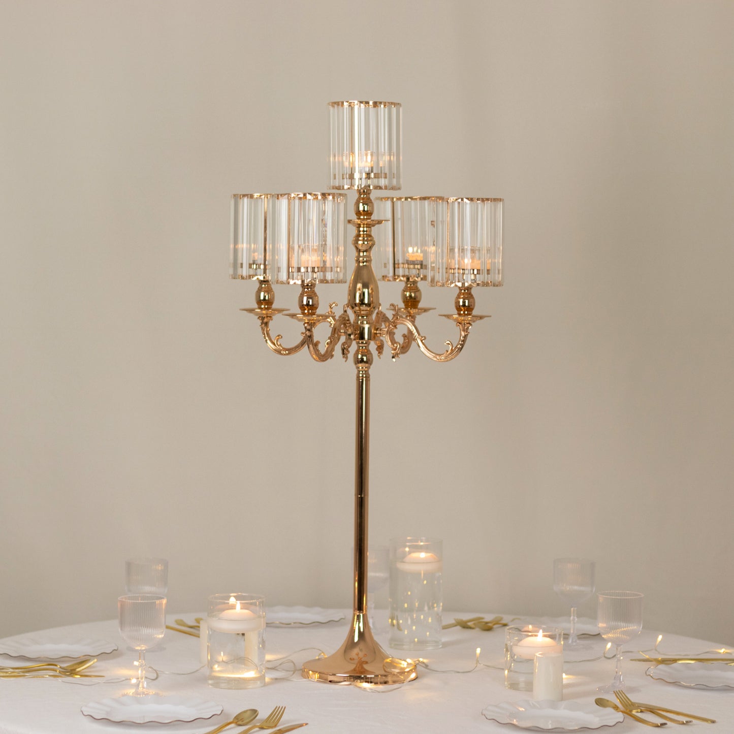 Gold Metal 5-Arm Candelabra with Crystal Pendant Glass Shades – 40" Tall Candle Holder for Pillar, LED, and Flameless Candles