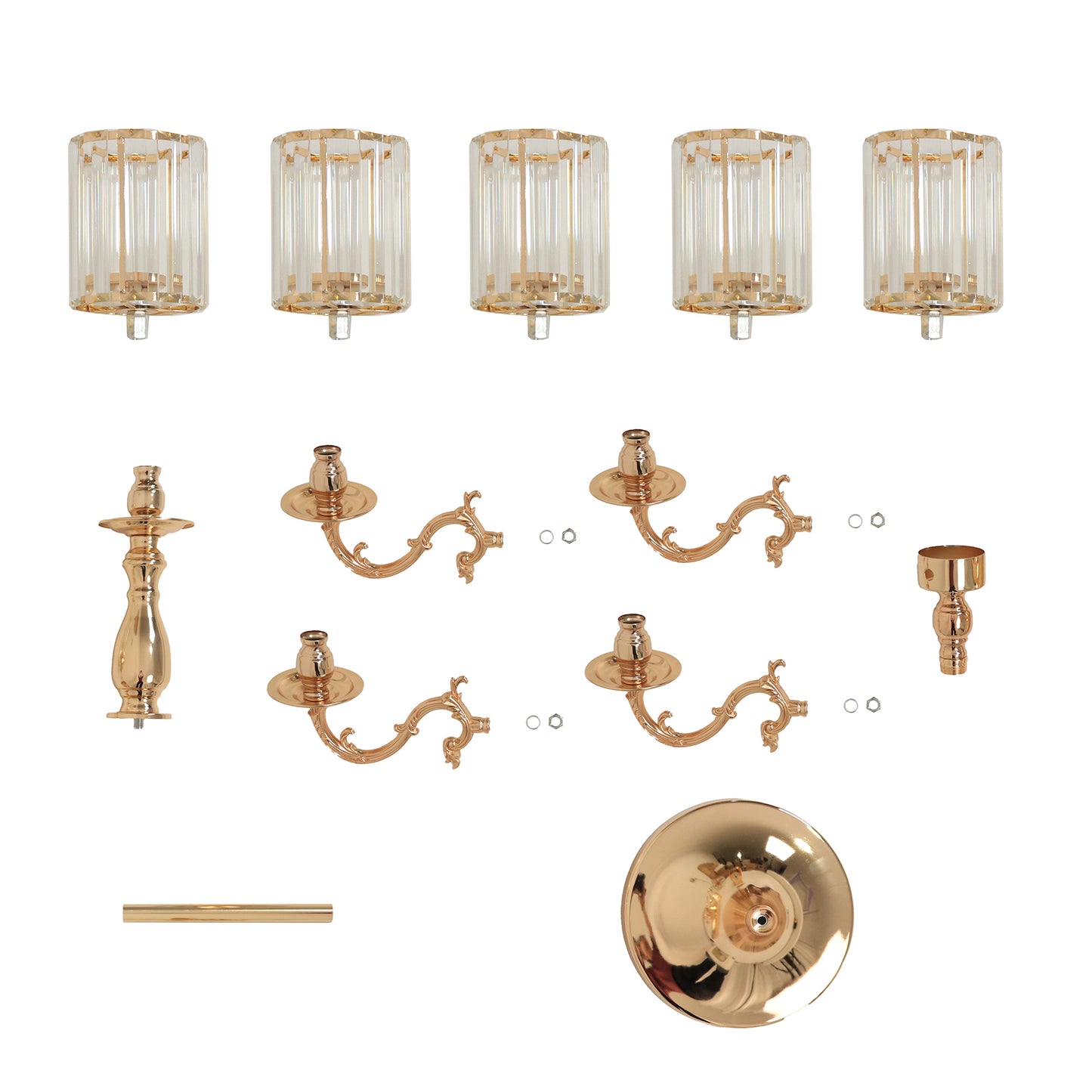 Gold Metal 5-Arm Candelabra with Crystal Pendant Glass Shades – 40" Tall Candle Holder for Pillar, LED, and Flameless Candles