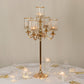 Gold Metal 5-Arm Candelabra with Crystal Pendant Glass Shades – 40" Tall Candle Holder for Pillar, LED, and Flameless Candles