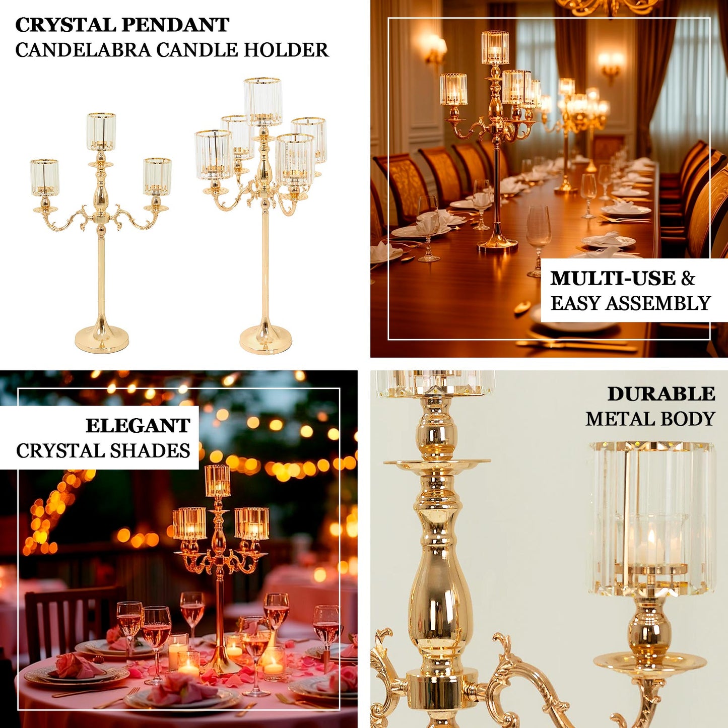 Gold 3-arm candelabra with crystal shades for pillar and flameless candles.