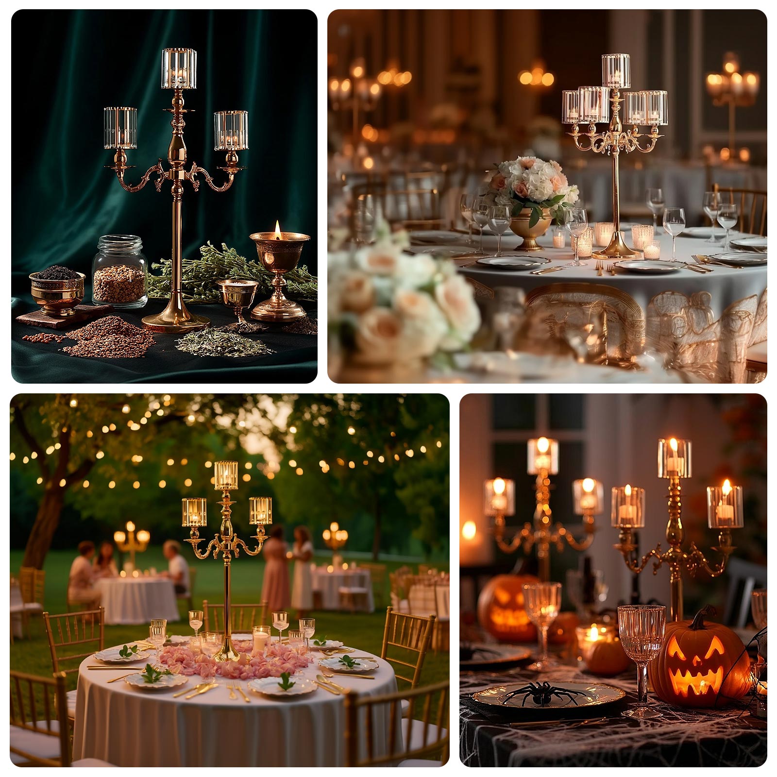 Gold metal 3-arm candelabra with crystal shades, 34" tall for candles.