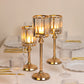 Set of 3 Gold Crystal Pendant Hurricane Candle Holders, Elegant Cylindrical Design for Pillar Candles, Decorative Table Centerpieces - 11",13",15"