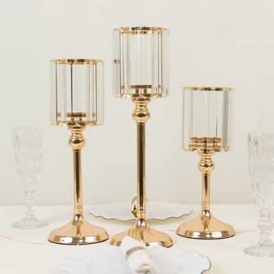 Set of 3 Crystal Hurricane Candle Holders in Gold