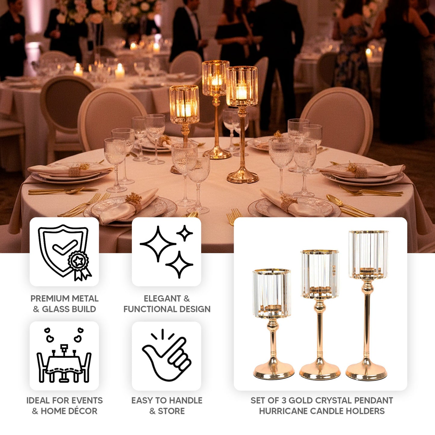 Set of 3 Gold Crystal Pendant Hurricane Candle Holders, Elegant Cylindrical Design for Pillar Candles, Decorative Table Centerpieces - 11",13",15"