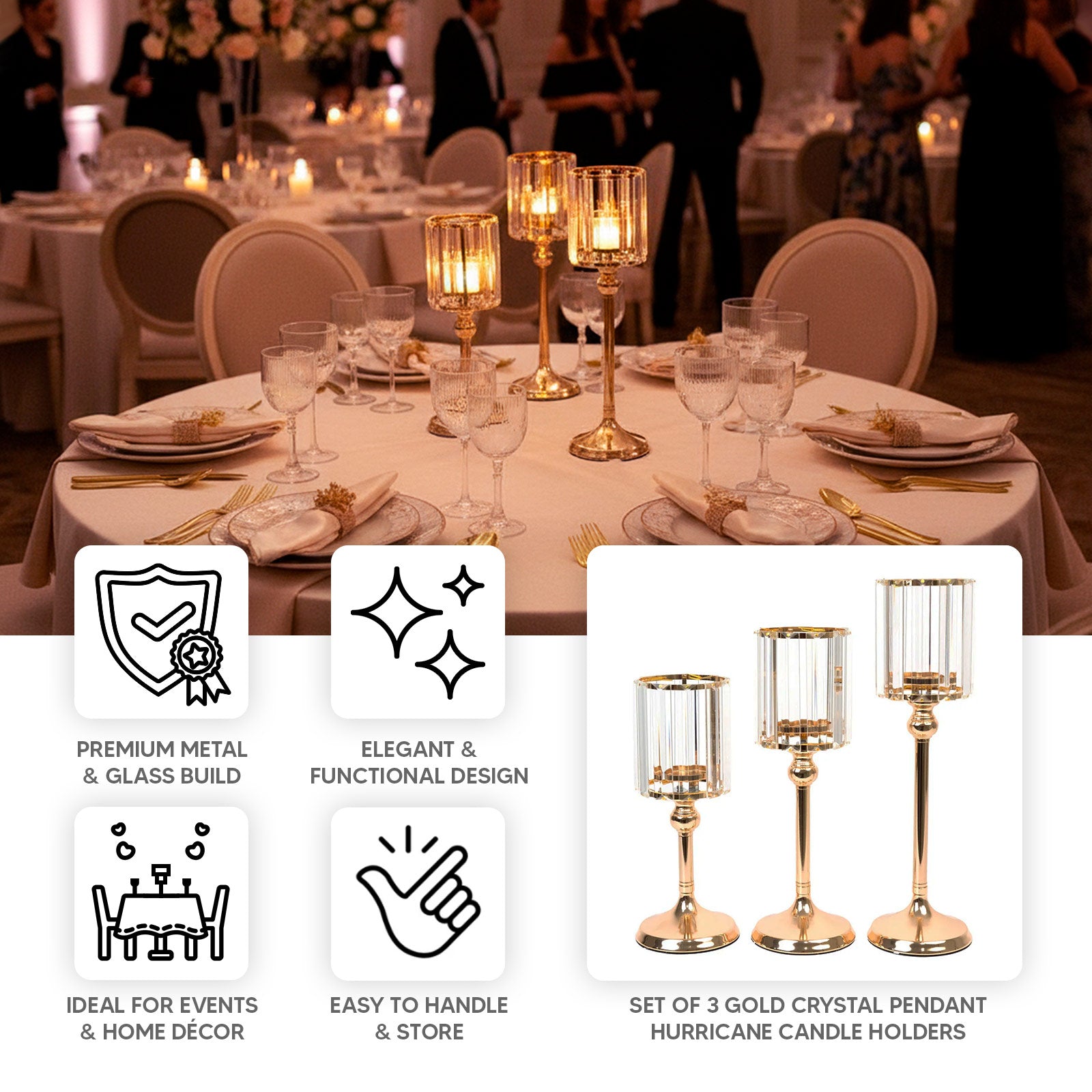 Set of 3 Gold Crystal Pendant Hurricane Candle Holders, Elegant Cylindrical Design for Pillar Candles, Decorative Table Centerpieces - 11",13",15"