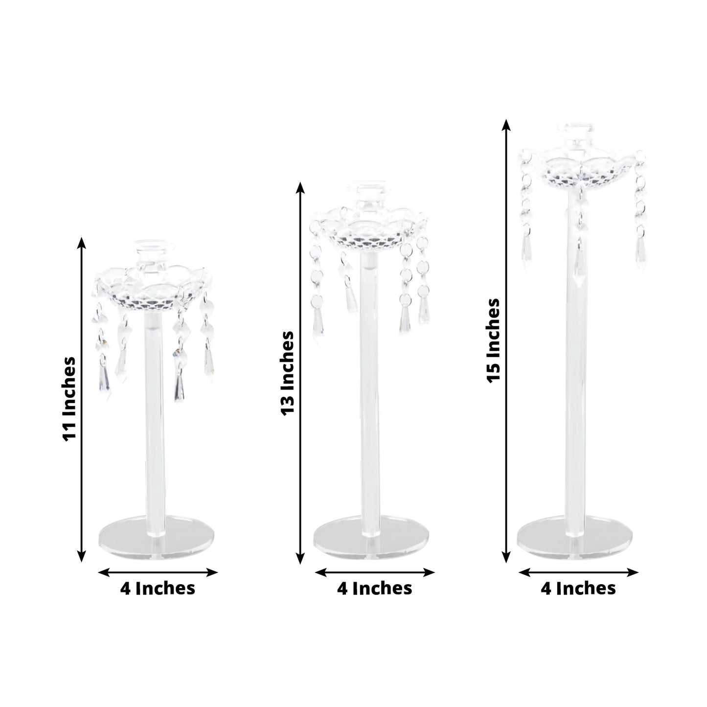Set of 3 Acrylic Taper Candle Holders with Hanging Bead & Prism Accents – Elegant Candlestick Stands - 11",13",15"