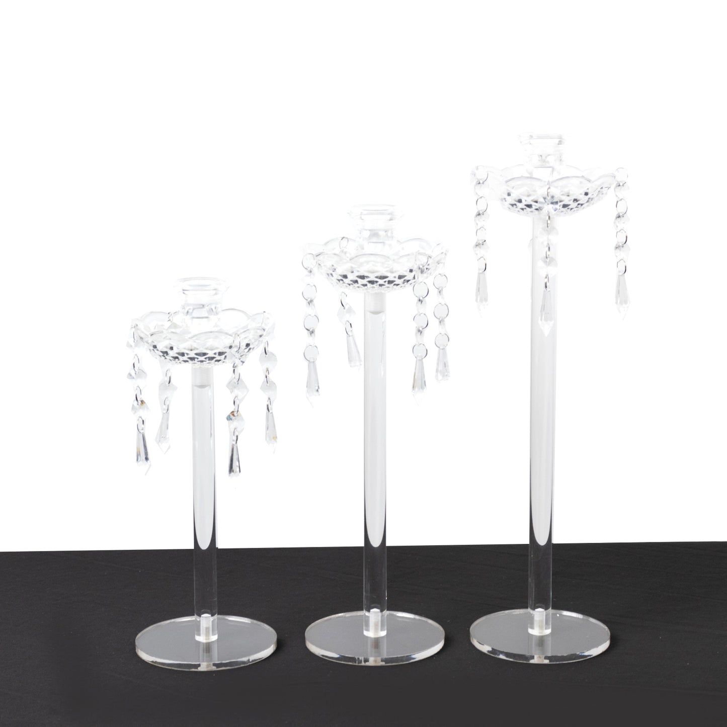 Set of 3 Acrylic Taper Candle Holders with Hanging Bead & Prism Accents – Elegant Candlestick Stands - 11",13",15"