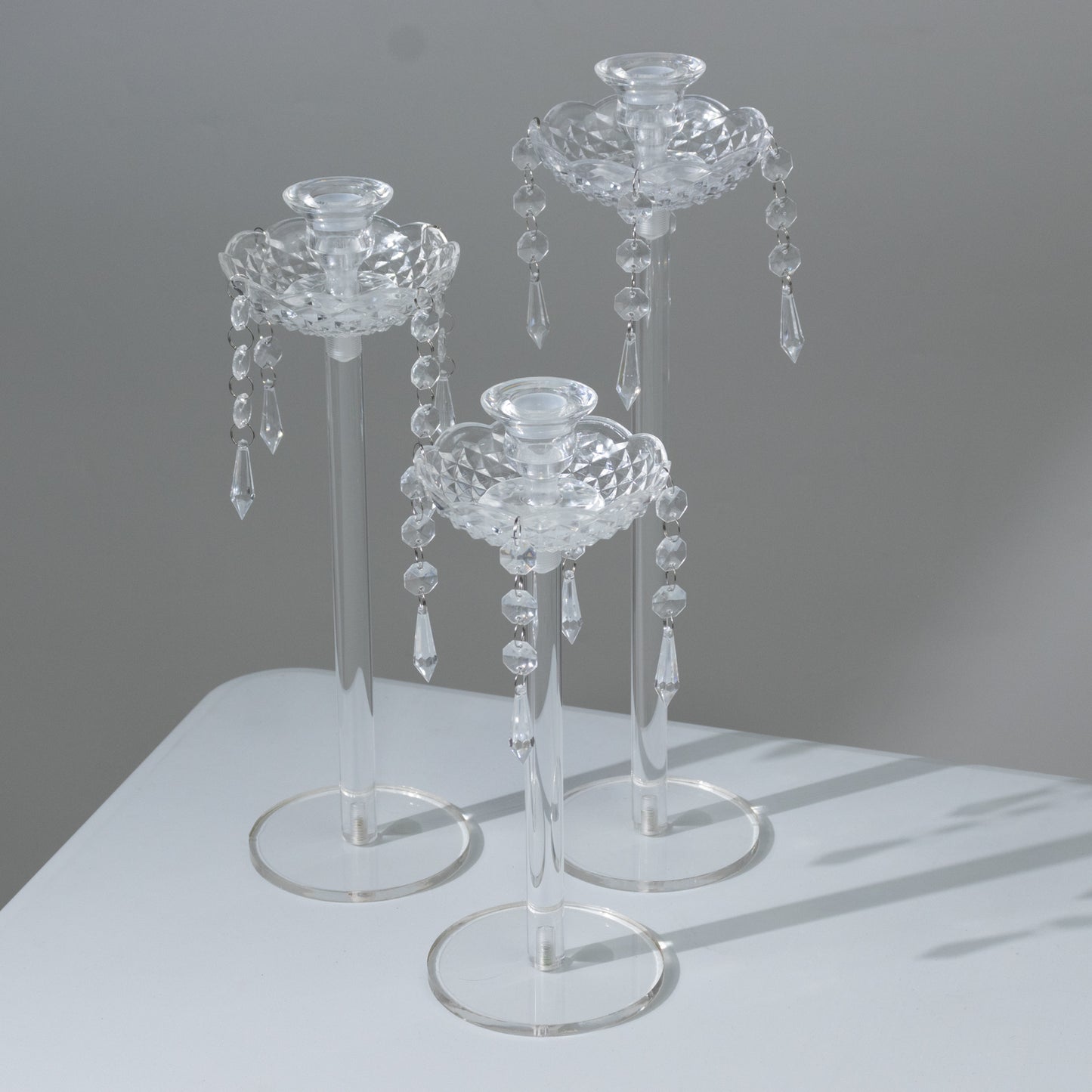 Set of 3 Acrylic Taper Candle Holders with Hanging Bead & Prism Accents – Elegant Candlestick Stands - 11",13",15"