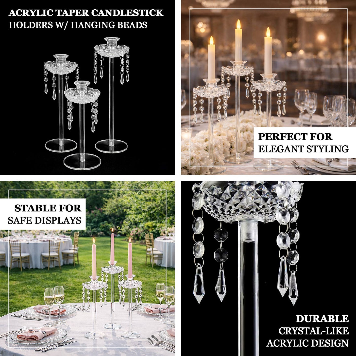 Elegant clear acrylic taper candle holders with hanging beads and prism accents.