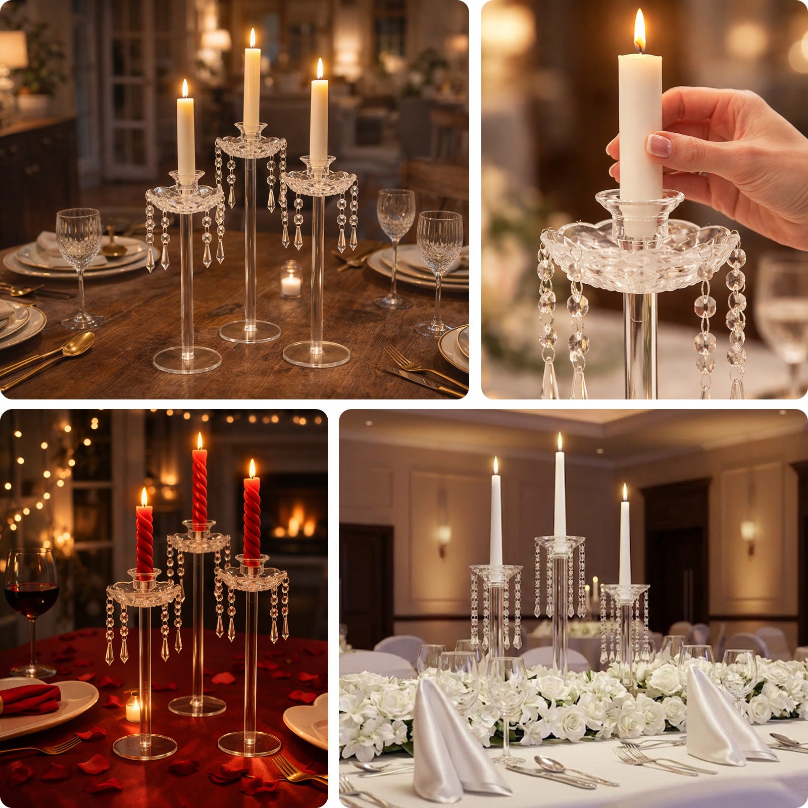 Set of 3 elegant acrylic taper candle holders with hanging beads and prism accents.