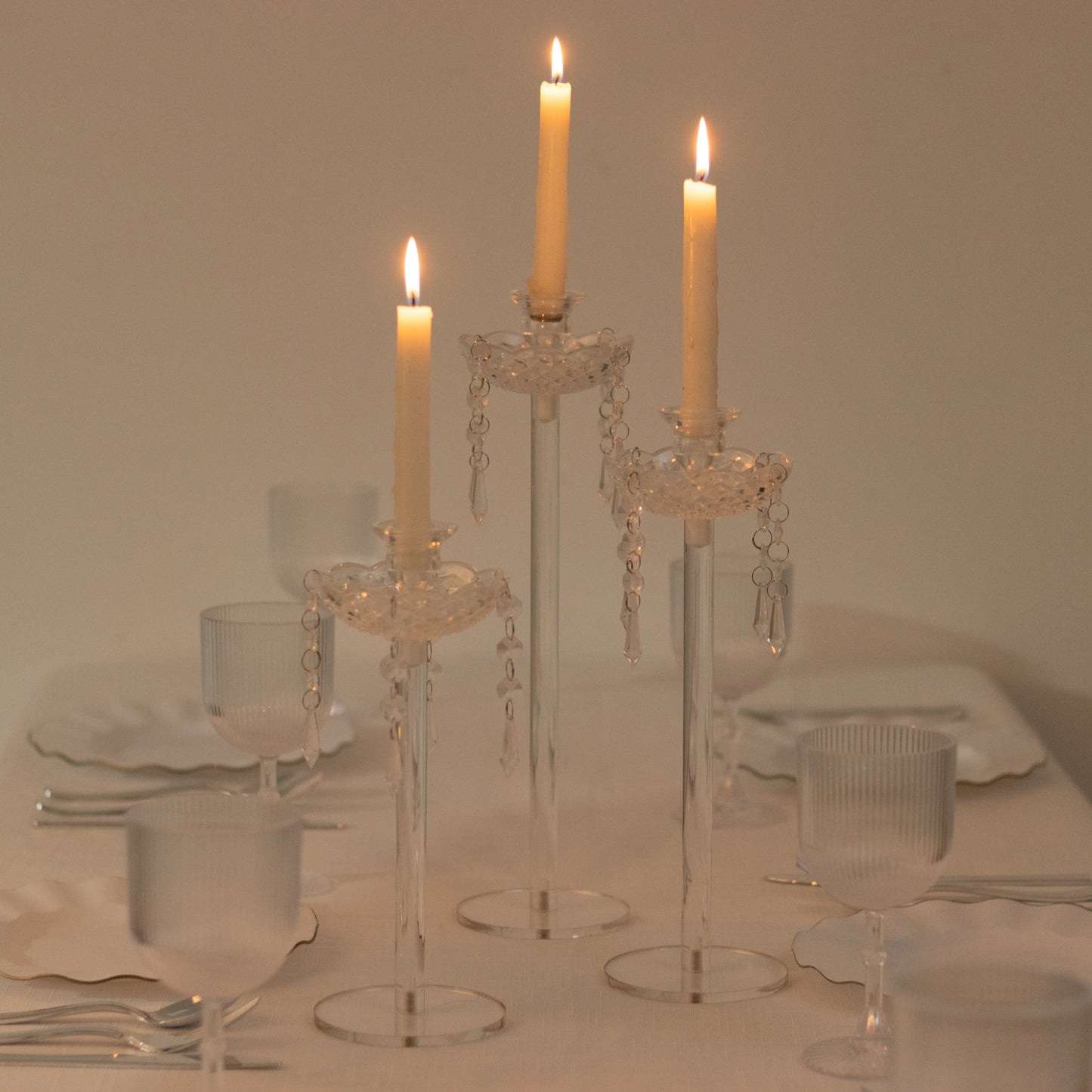 Set of 3 Acrylic Taper Candle Holders with Hanging Bead & Prism Accents – Elegant Candlestick Stands - 11",13",15"