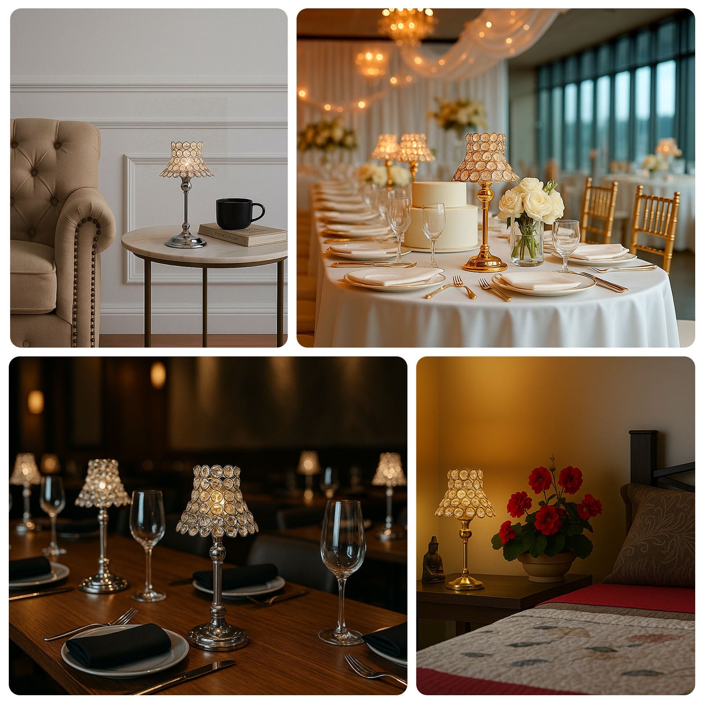 Silver crystal beaded candle holders with lamp-inspired shades for events.