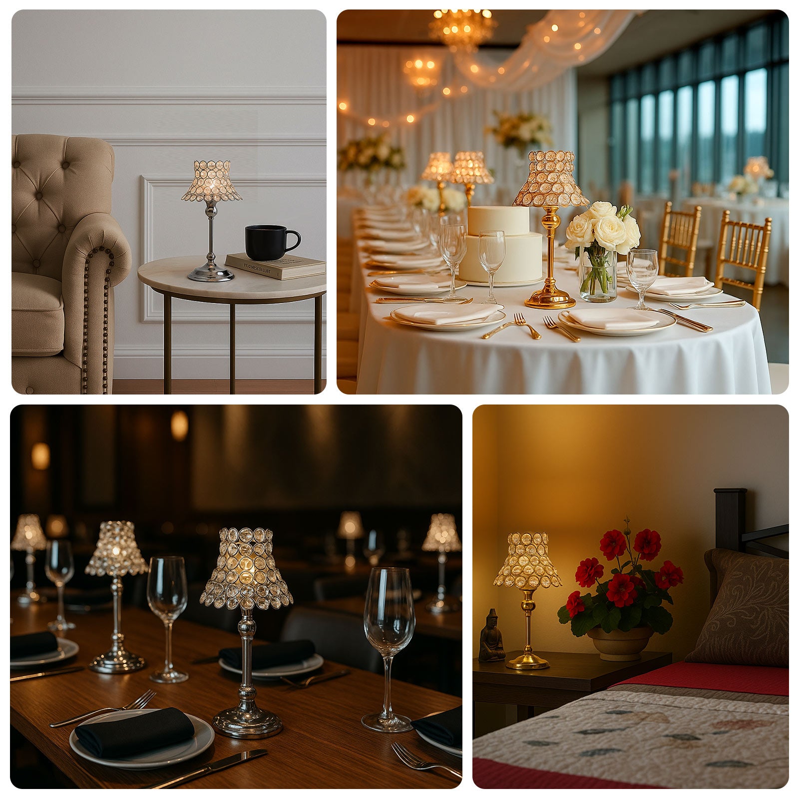 Silver crystal beaded candle holders with lamp-inspired shades for events.