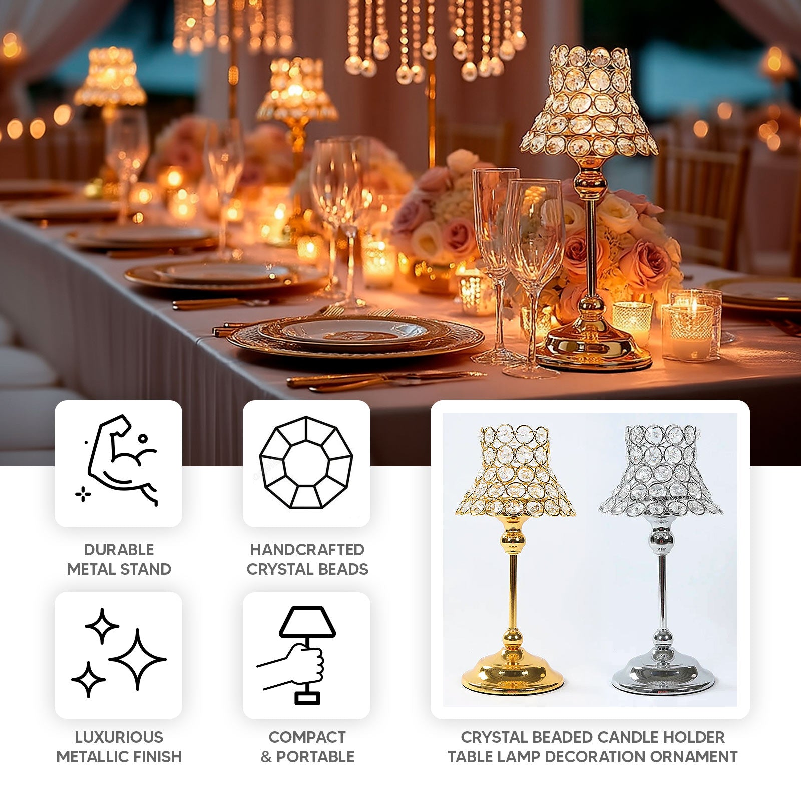 Silver crystal beaded candle holders with lamp-inspired shades for elegant table decor.