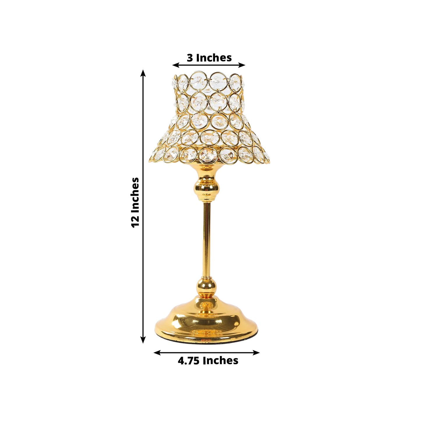 Gold crystal beaded candle holder, 12" tall, elegant centerpiece for tables and events.