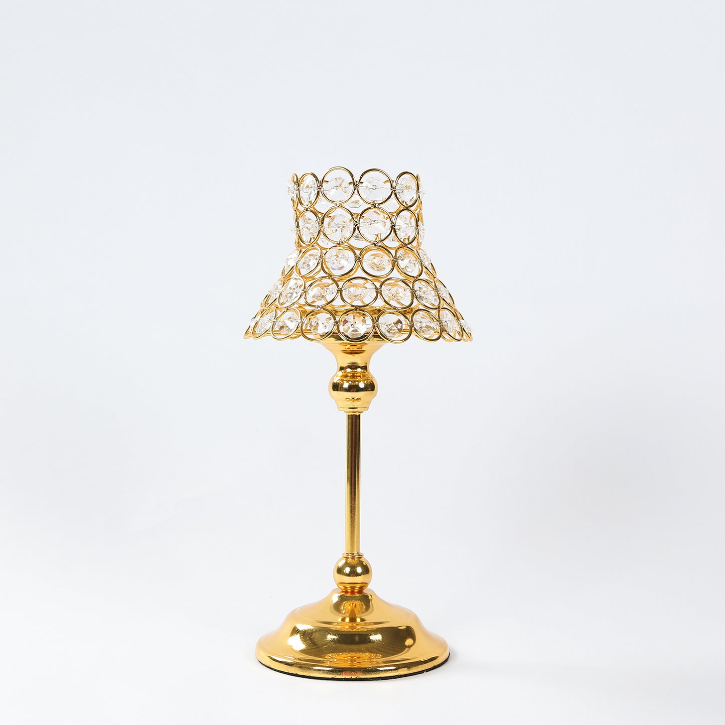 Gold crystal beaded candle holder with lamp-inspired shade, 12" tall.