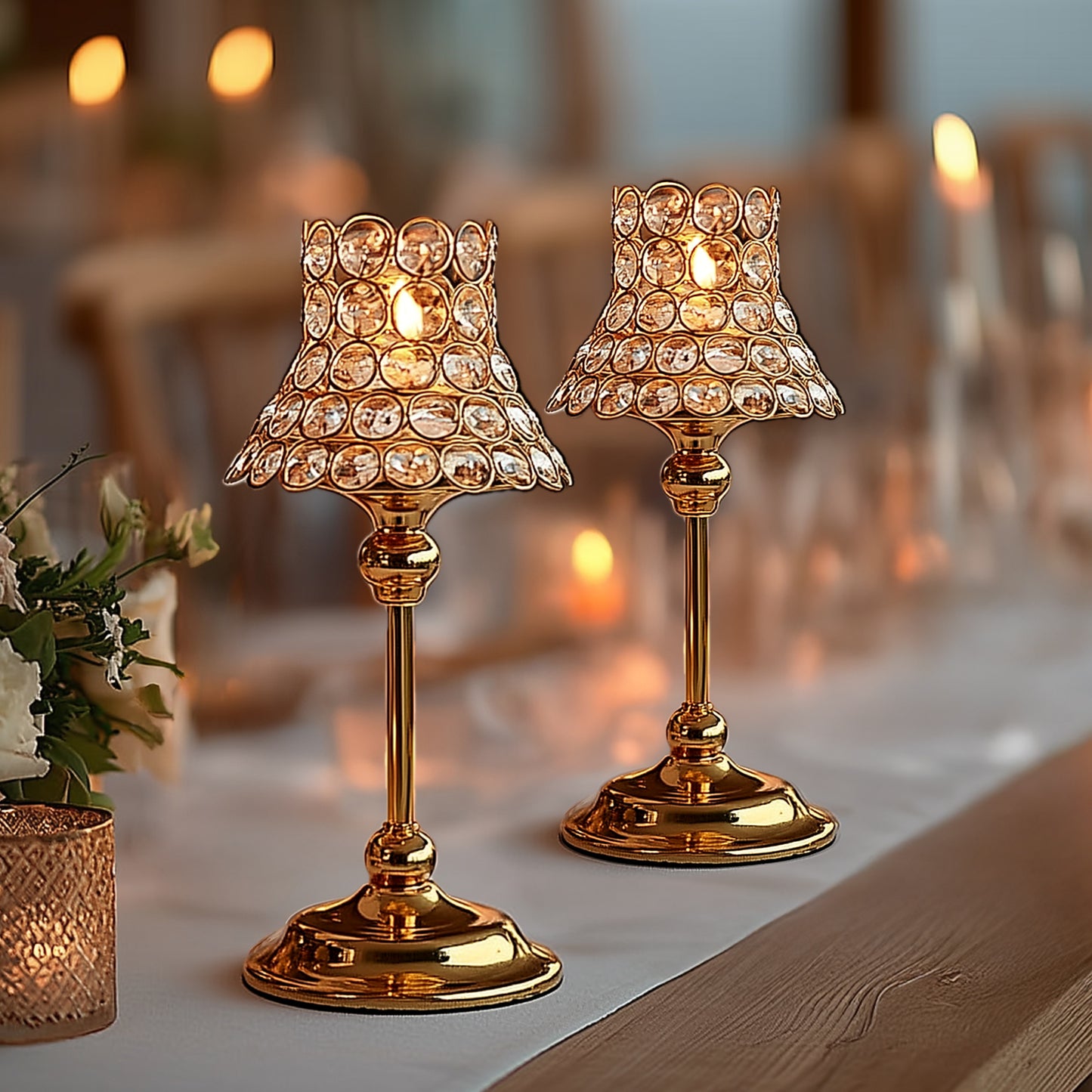 Gold crystal beaded candle holders for elegant table centerpieces.