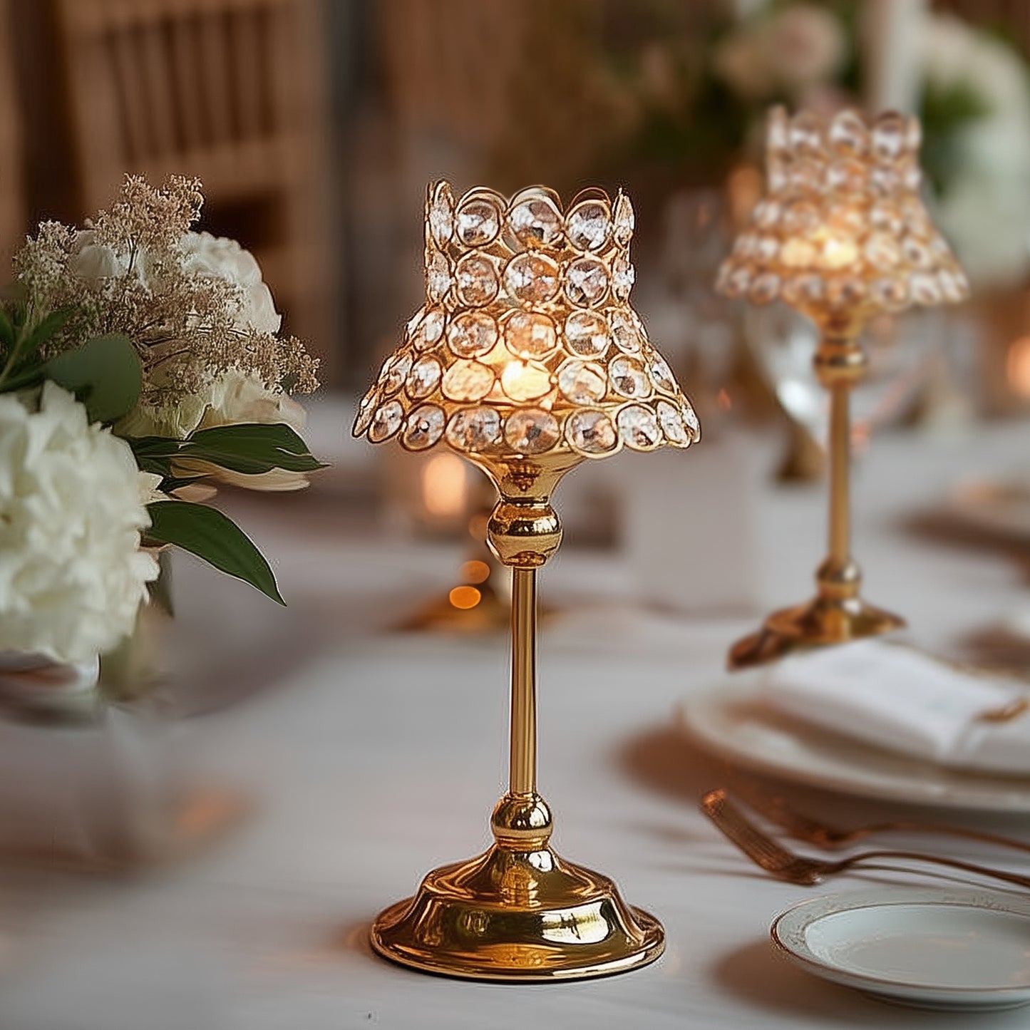 Gold crystal beaded candle holder centerpiece for tables and events.