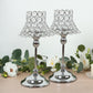 Silver beaded candle holders with lamp-inspired shades, 12" tall.