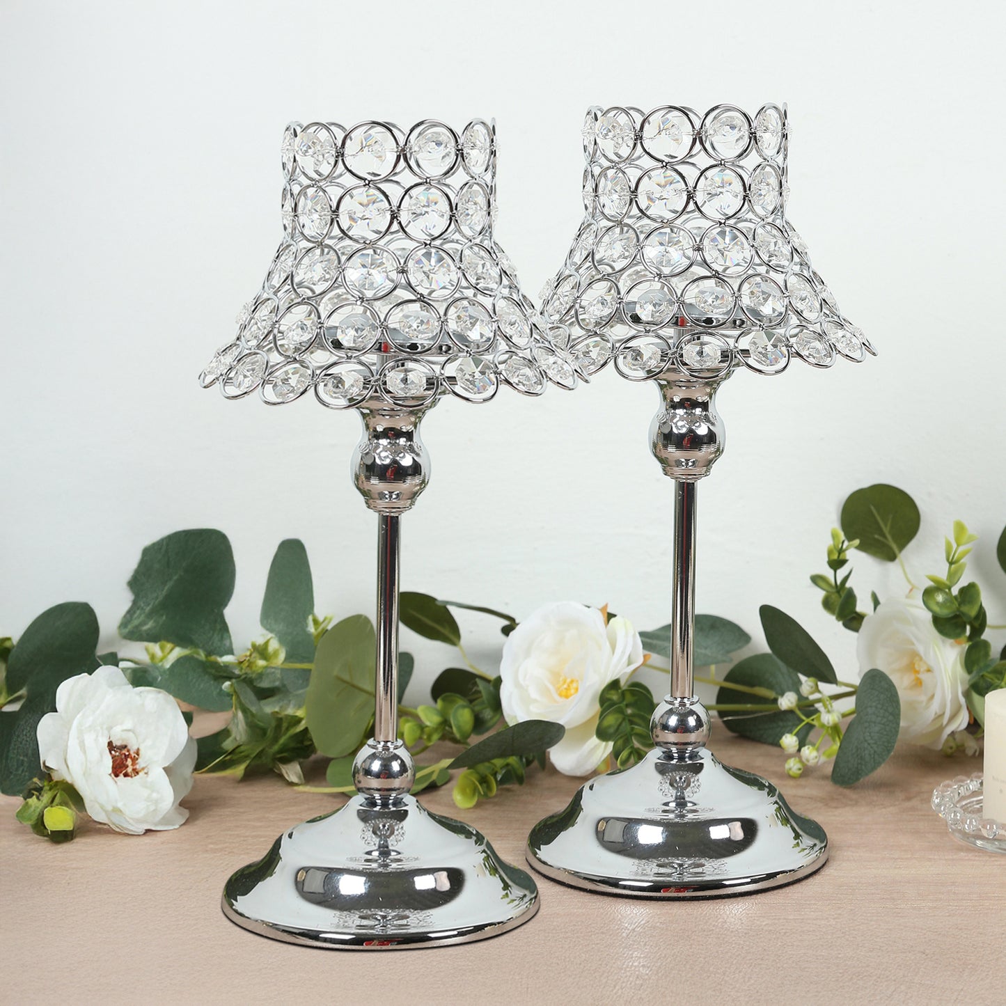 Silver beaded candle holders with lamp-inspired shades, 12" tall.