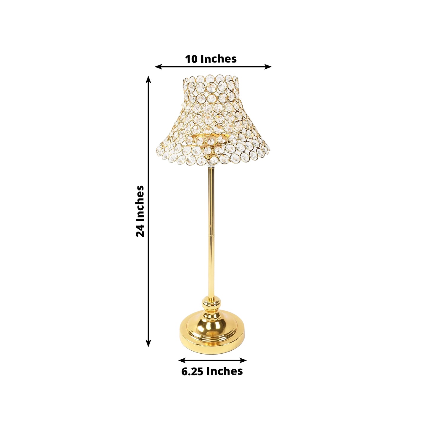 Gold crystal beaded candle stand with lamp-inspired shade for elegant table decor.