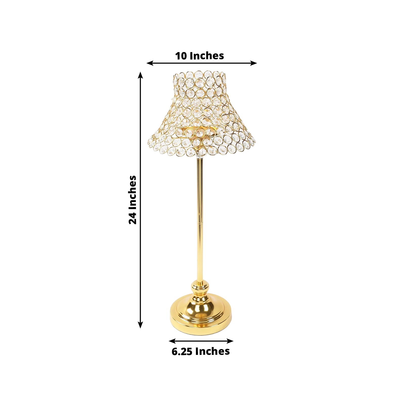 Gold crystal beaded candle stand with lamp-inspired shade for elegant table decor.