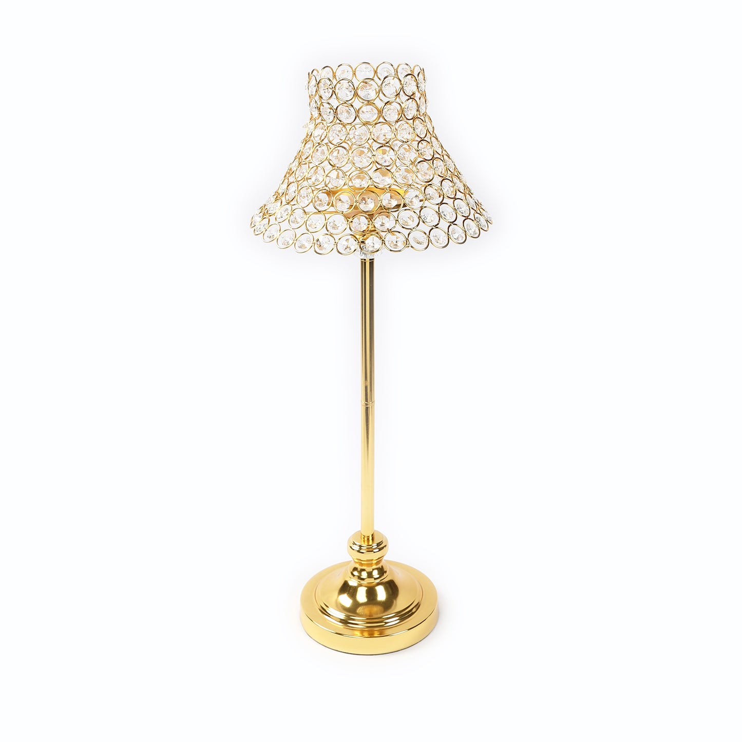 Gold crystal beaded candle stand with lamp-inspired shade for elegant table decor.