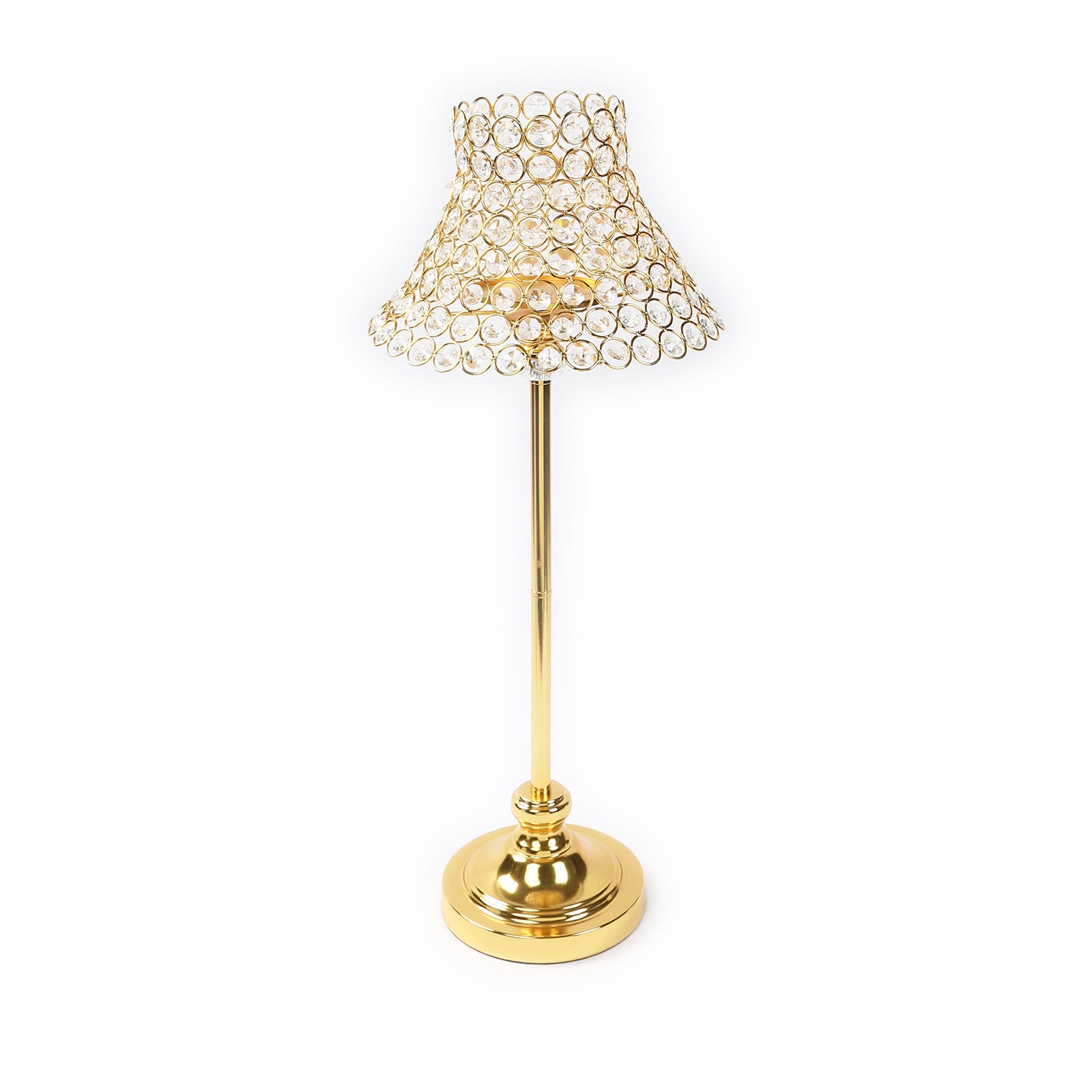 Gold crystal beaded candle stand with lamp-inspired shade for elegant table decor.