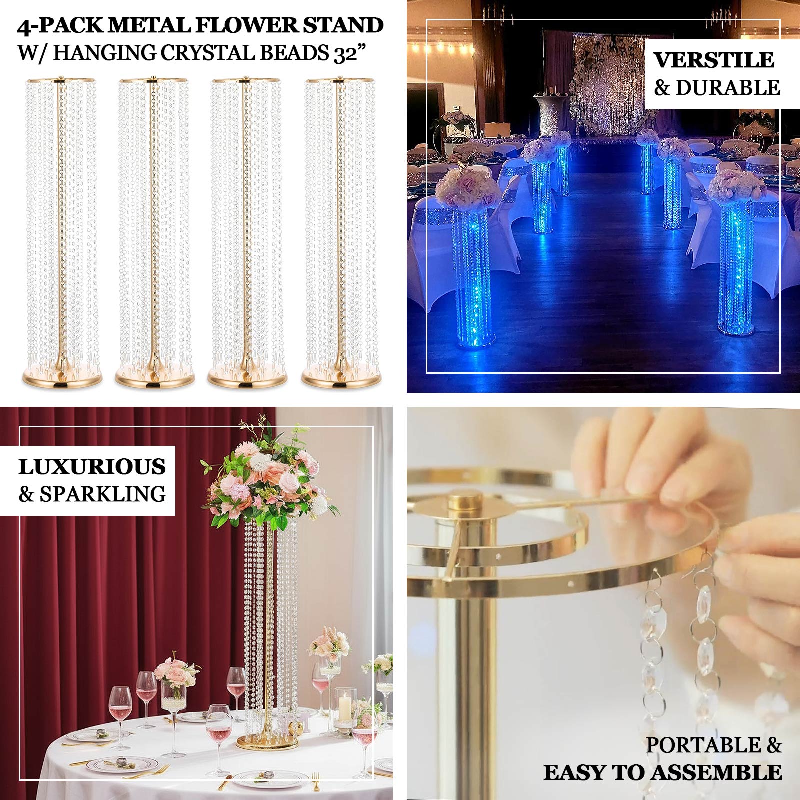 4-Pack Gold Metal Flower Stand Vases with Hanging Crystal Beads – 32" Tall Decorative Column Centerpieces for Events and Table Décor