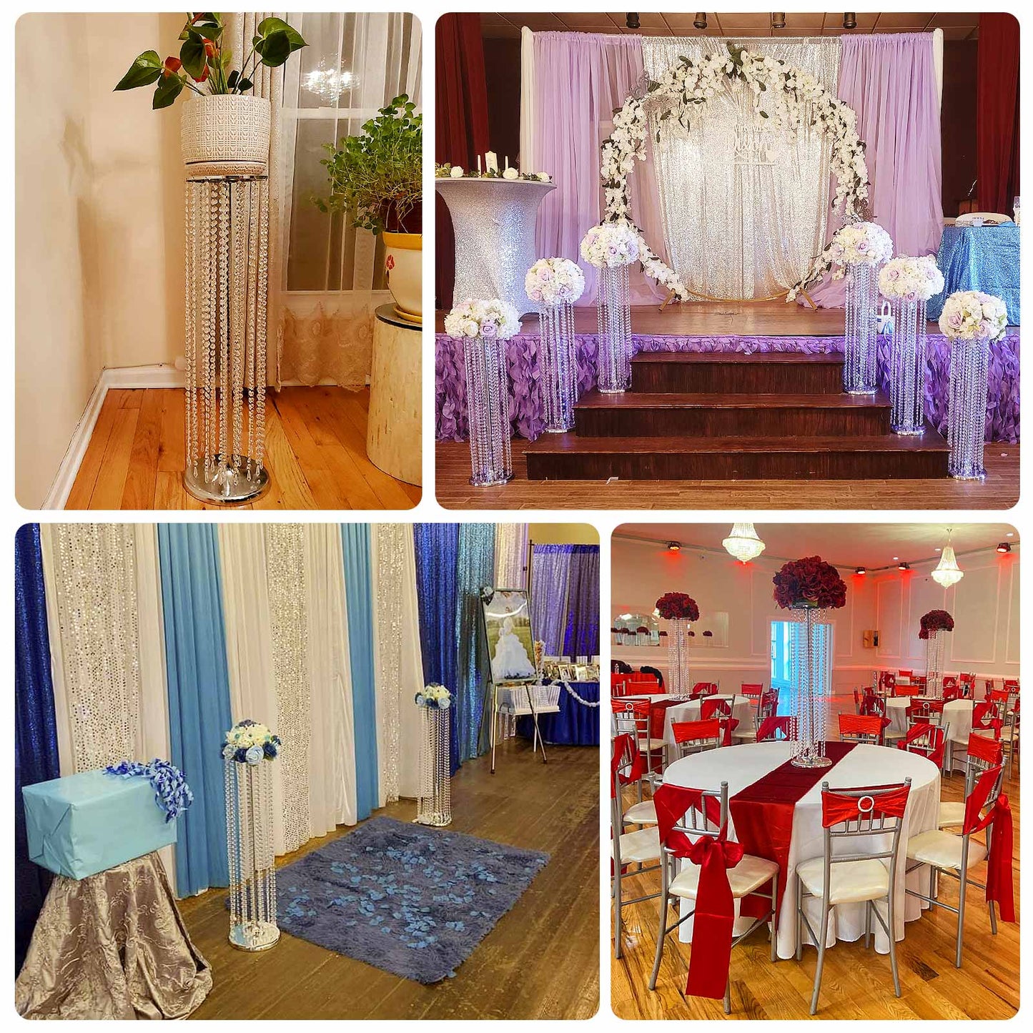 4-Pack Gold Metal Flower Stand Vases with Hanging Crystal Beads – 32" Tall Decorative Column Centerpieces for Events and Table Décor