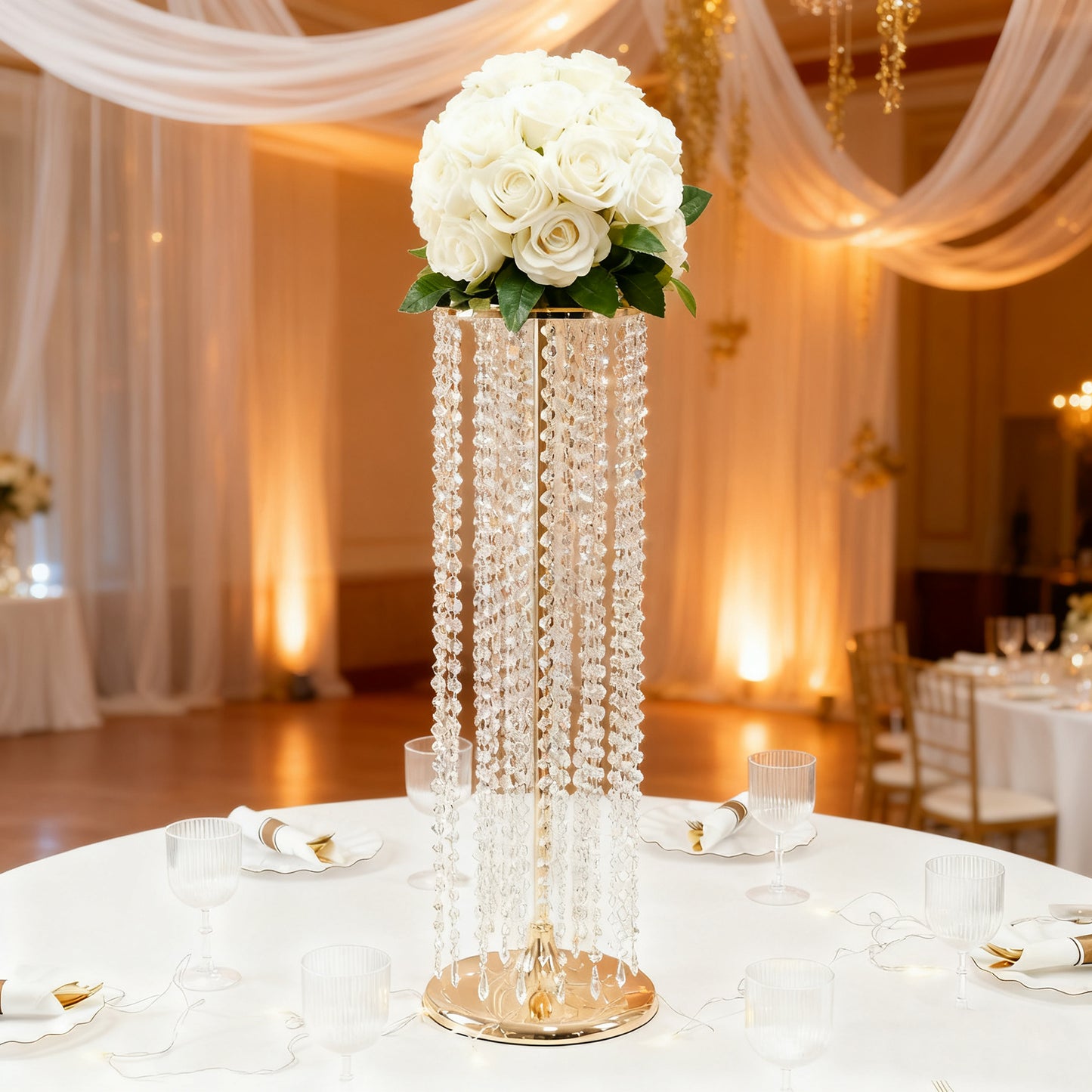 4-Pack Gold Metal Flower Stand Vases with Hanging Crystal Beads – 32" Tall Decorative Column Centerpieces for Events and Table Décor