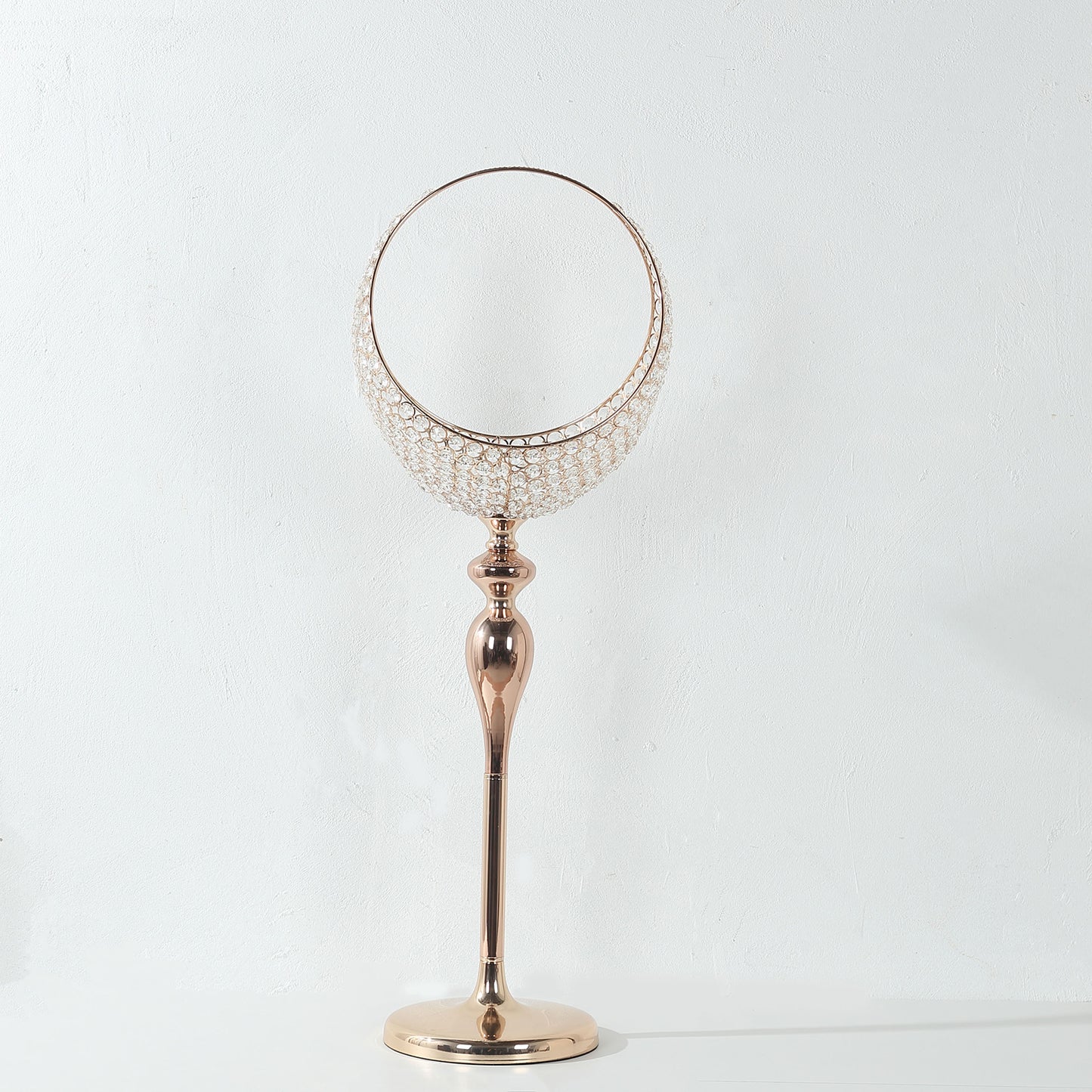 Gold Crystal Beaded Metal Flower Stand in Half Moon Basket Design, 3ft Tall Candle Holder Wedding Table Centerpiece Floor Stand with Round Stable Base