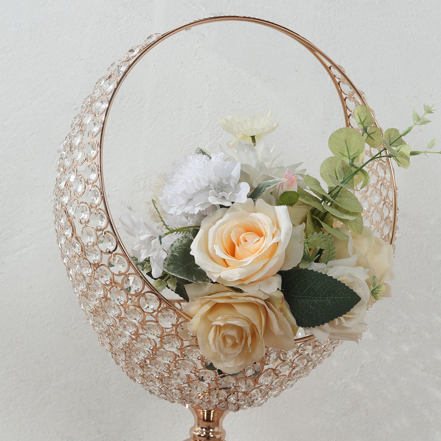 Gold Crystal Beaded Metal Flower Stand in Half Moon Basket Design, 3ft Tall Candle Holder Wedding Table Centerpiece Floor Stand with Round Stable Base