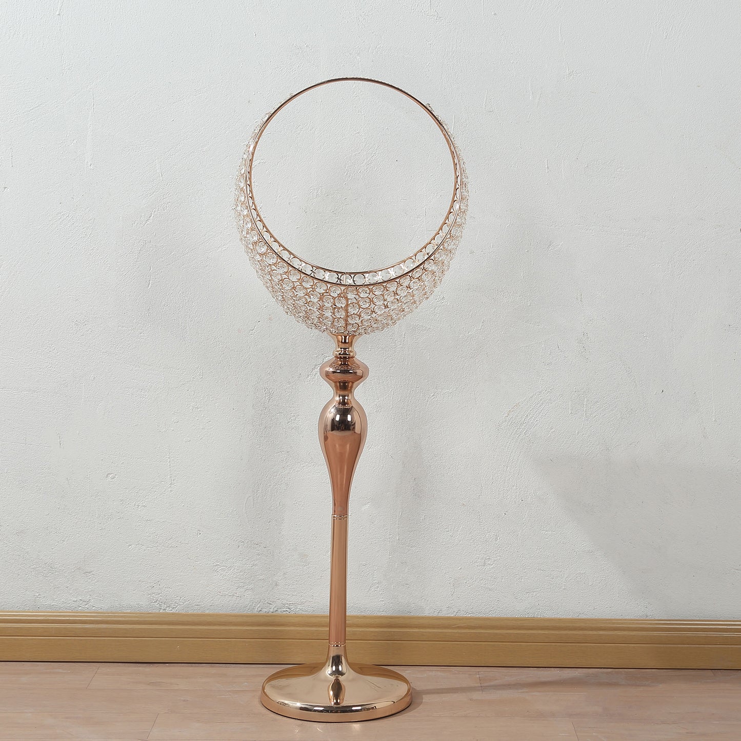 Gold Crystal Beaded Metal Flower Stand in Half Moon Basket Design, 3ft Tall Candle Holder Wedding Table Centerpiece Floor Stand with Round Stable Base