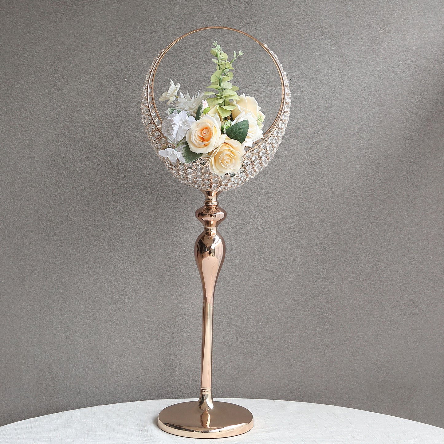 Gold Crystal Beaded Metal Flower Stand in Half Moon Basket Design, 3ft Tall Candle Holder Wedding Table Centerpiece Floor Stand with Round Stable Base