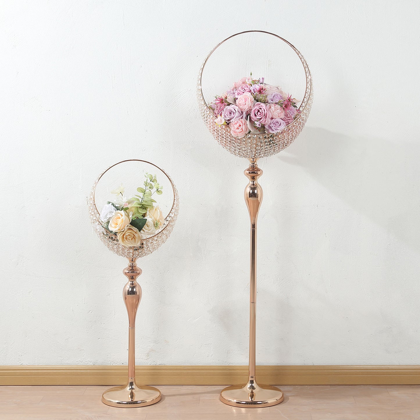 Gold Crystal Beaded Metal Flower Stand in Half Moon Basket Design, 3ft Tall Candle Holder Wedding Table Centerpiece Floor Stand with Round Stable Base