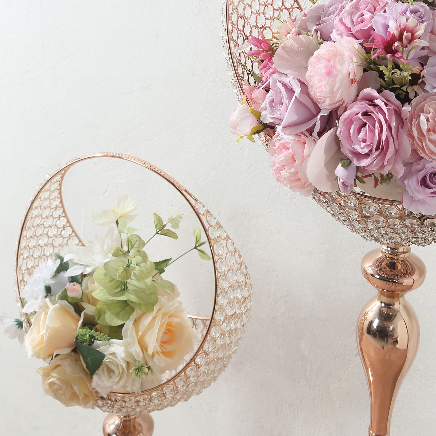 Gold Crystal Beaded Metal Flower Stand in Half Moon Basket Design, 3ft Tall Candle Holder Wedding Table Centerpiece Floor Stand with Round Stable Base