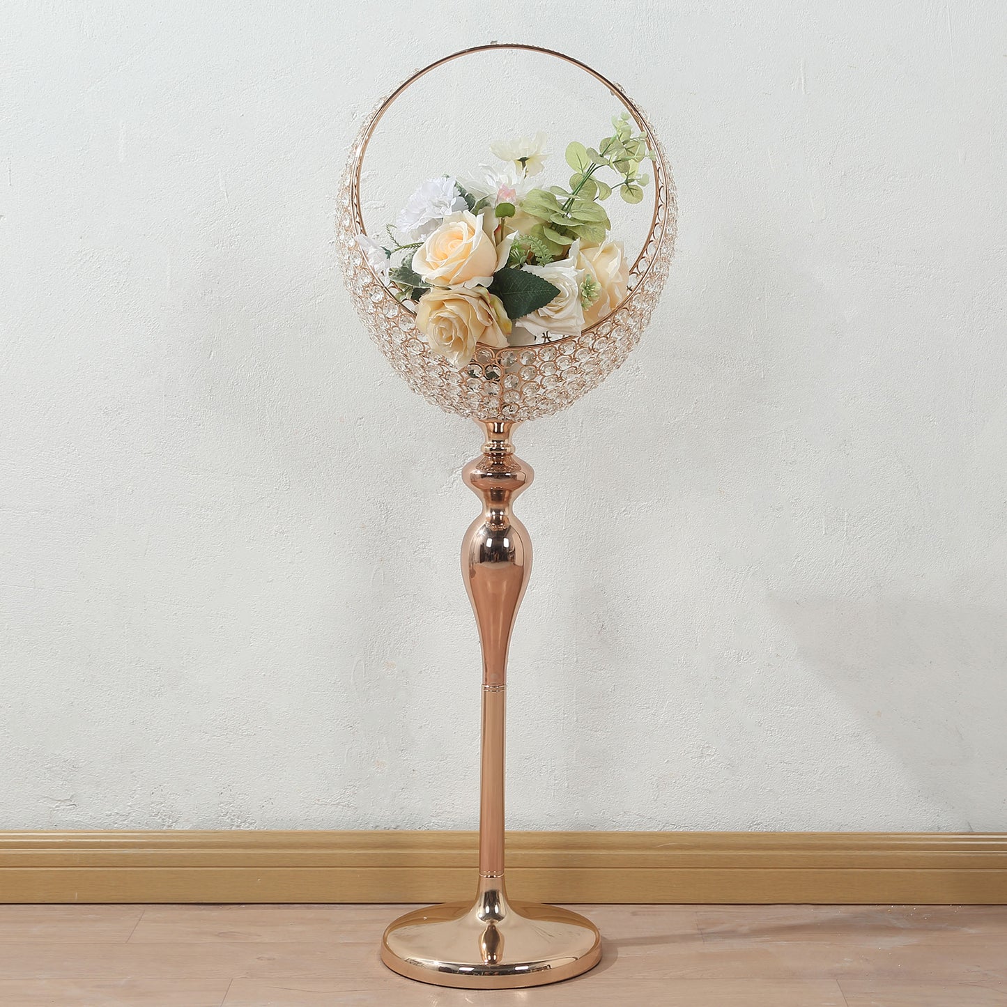 Gold Crystal Beaded Metal Flower Stand in Half Moon Basket Design, 3ft Tall Candle Holder Wedding Table Centerpiece Floor Stand with Round Stable Base