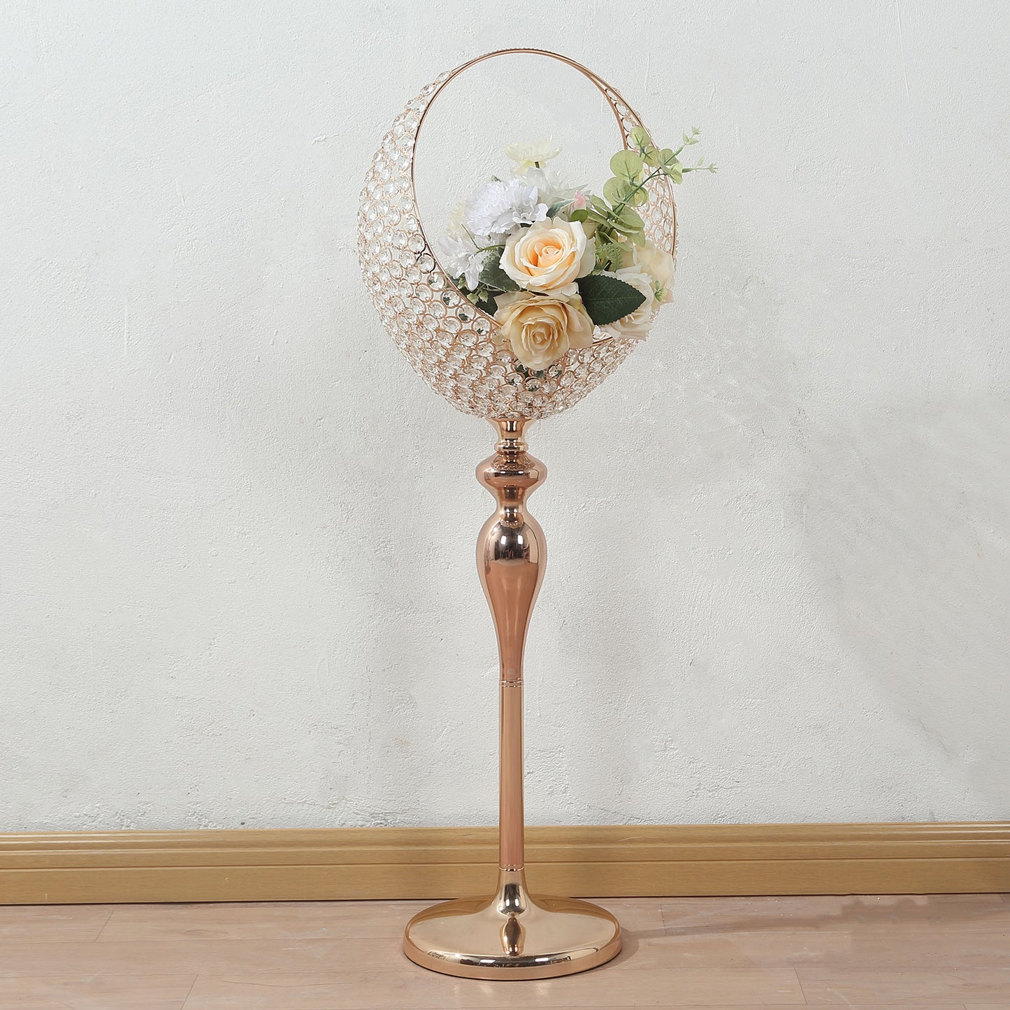 Gold Crystal Beaded Metal Flower Stand in Half Moon Basket Design, 3ft Tall Candle Holder Wedding Table Centerpiece Floor Stand with Round Stable Base