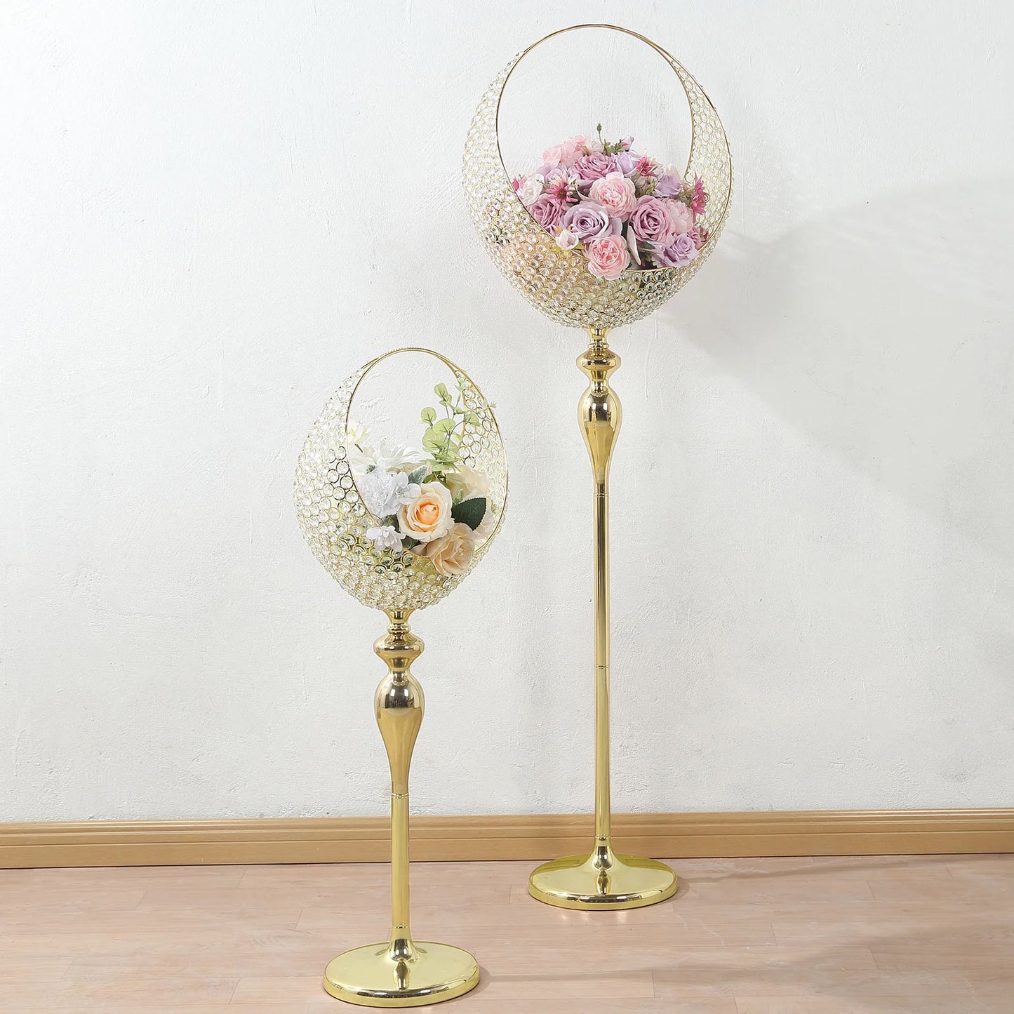 Gold Crystal Beaded Metal Flower Stand in Half Moon Basket Design, 4.5ft Tall Candle Holder Wedding Table Centerpiece Floor Stand with Round Stable Base