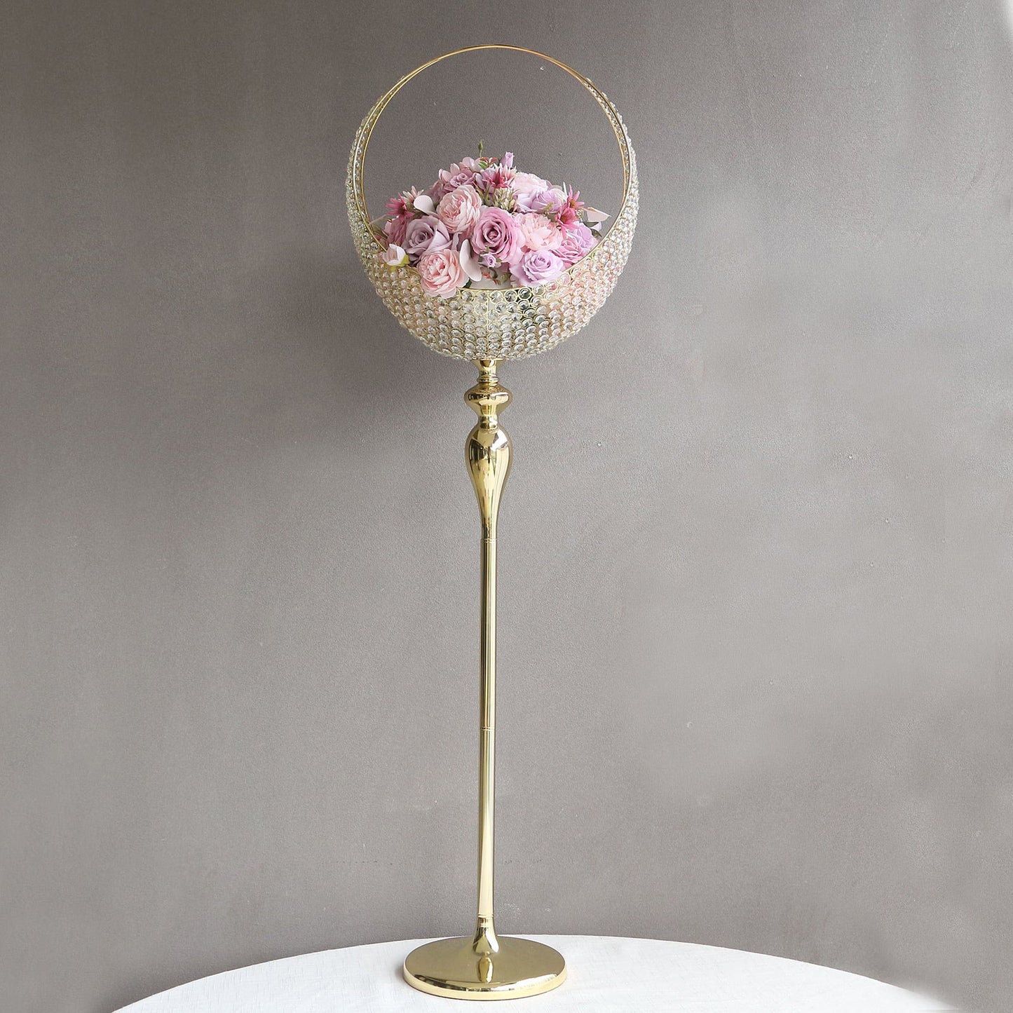 Gold Crystal Beaded Metal Flower Stand in Half Moon Basket Design, 4.5ft Tall Candle Holder Wedding Table Centerpiece Floor Stand with Round Stable Base