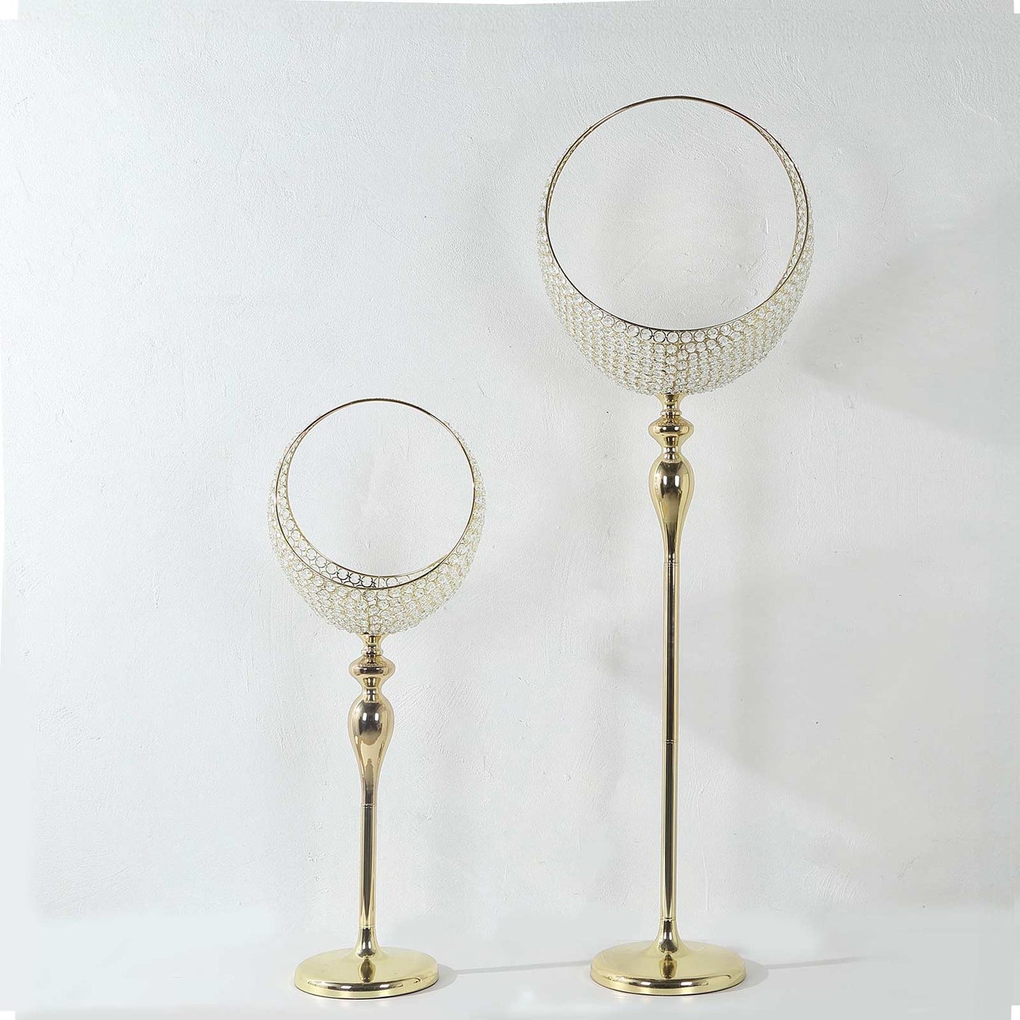 Gold Crystal Beaded Metal Flower Stand in Half Moon Basket Design, 4.5ft Tall Candle Holder Wedding Table Centerpiece Floor Stand with Round Stable Base