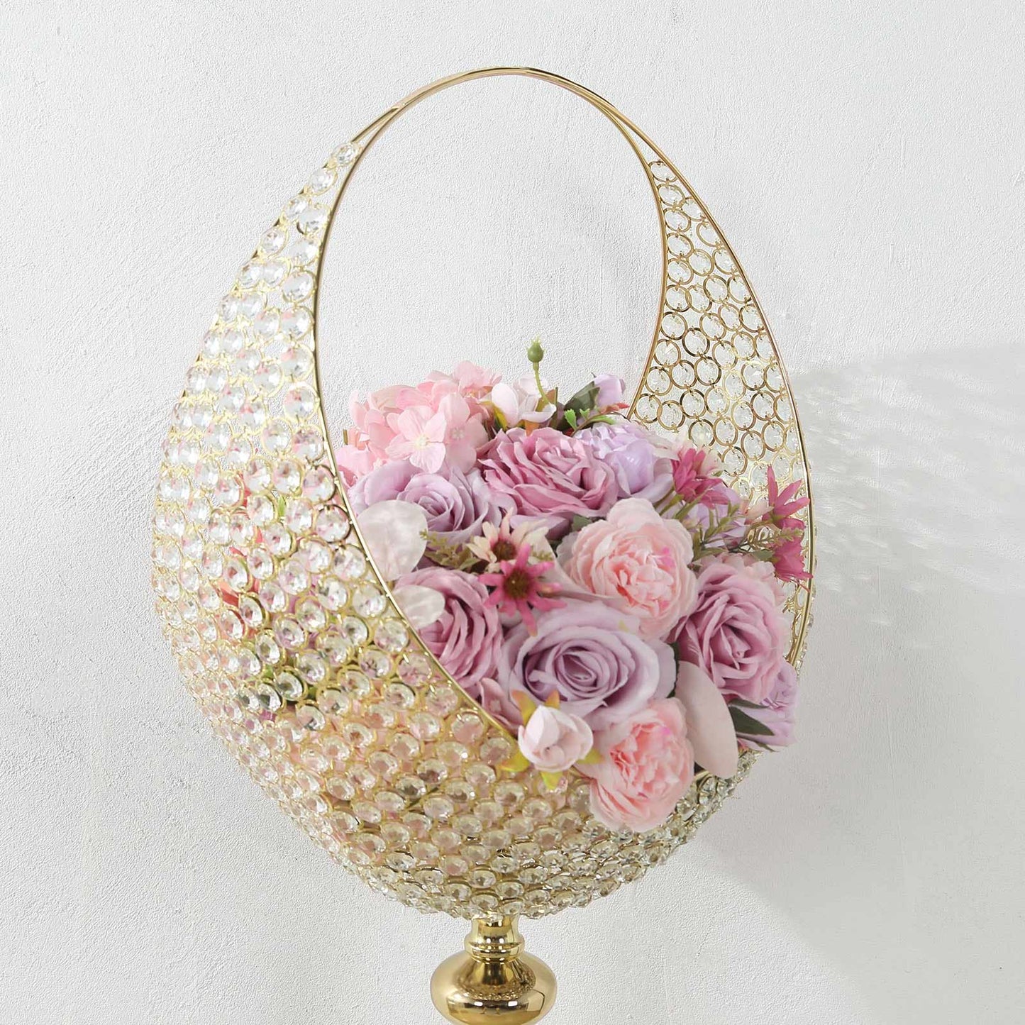 Gold Crystal Beaded Metal Flower Stand in Half Moon Basket Design, 4.5ft Tall Candle Holder Wedding Table Centerpiece Floor Stand with Round Stable Base