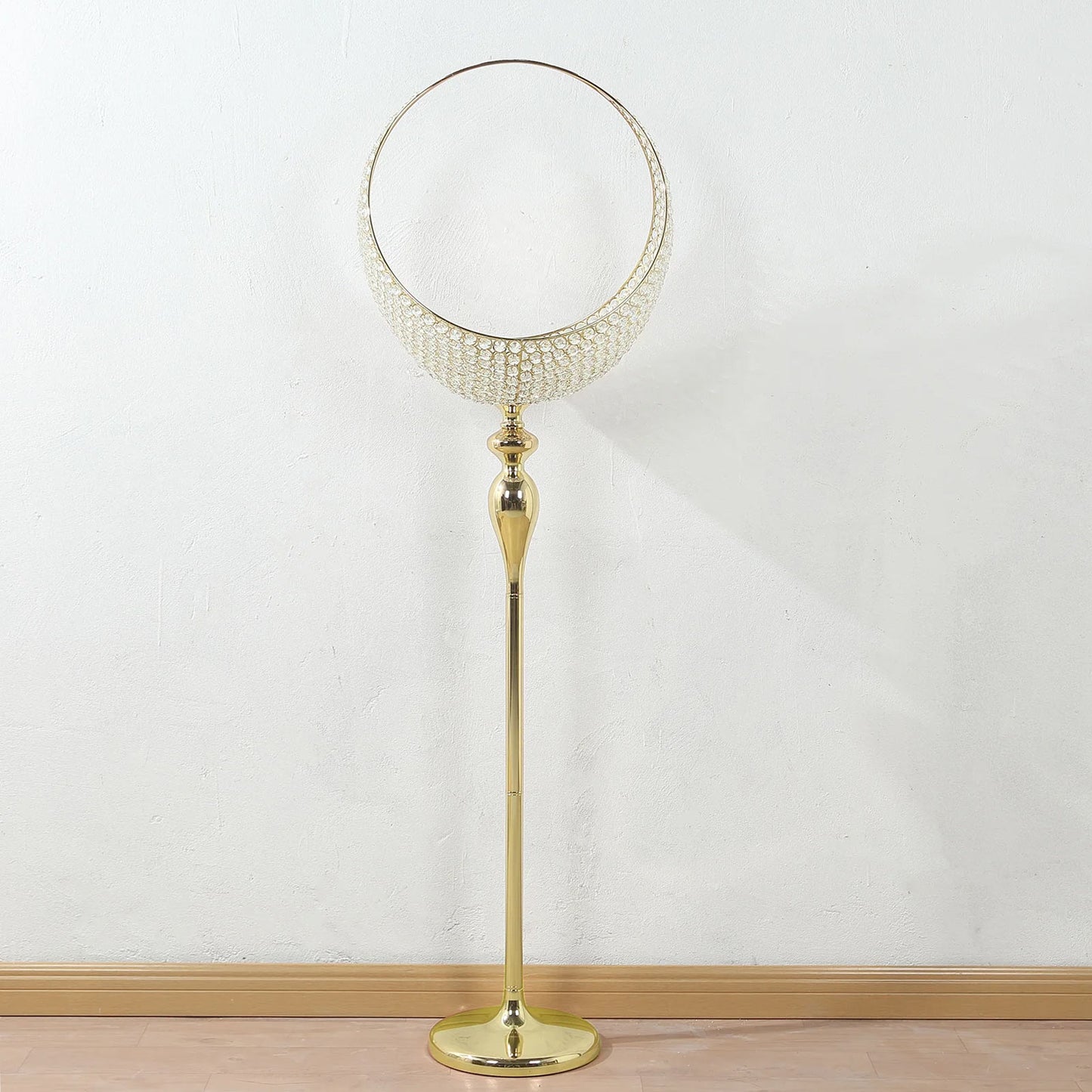 Gold Crystal Beaded Metal Flower Stand in Half Moon Basket Design, 4.5ft Tall Candle Holder Wedding Table Centerpiece Floor Stand with Round Stable Base