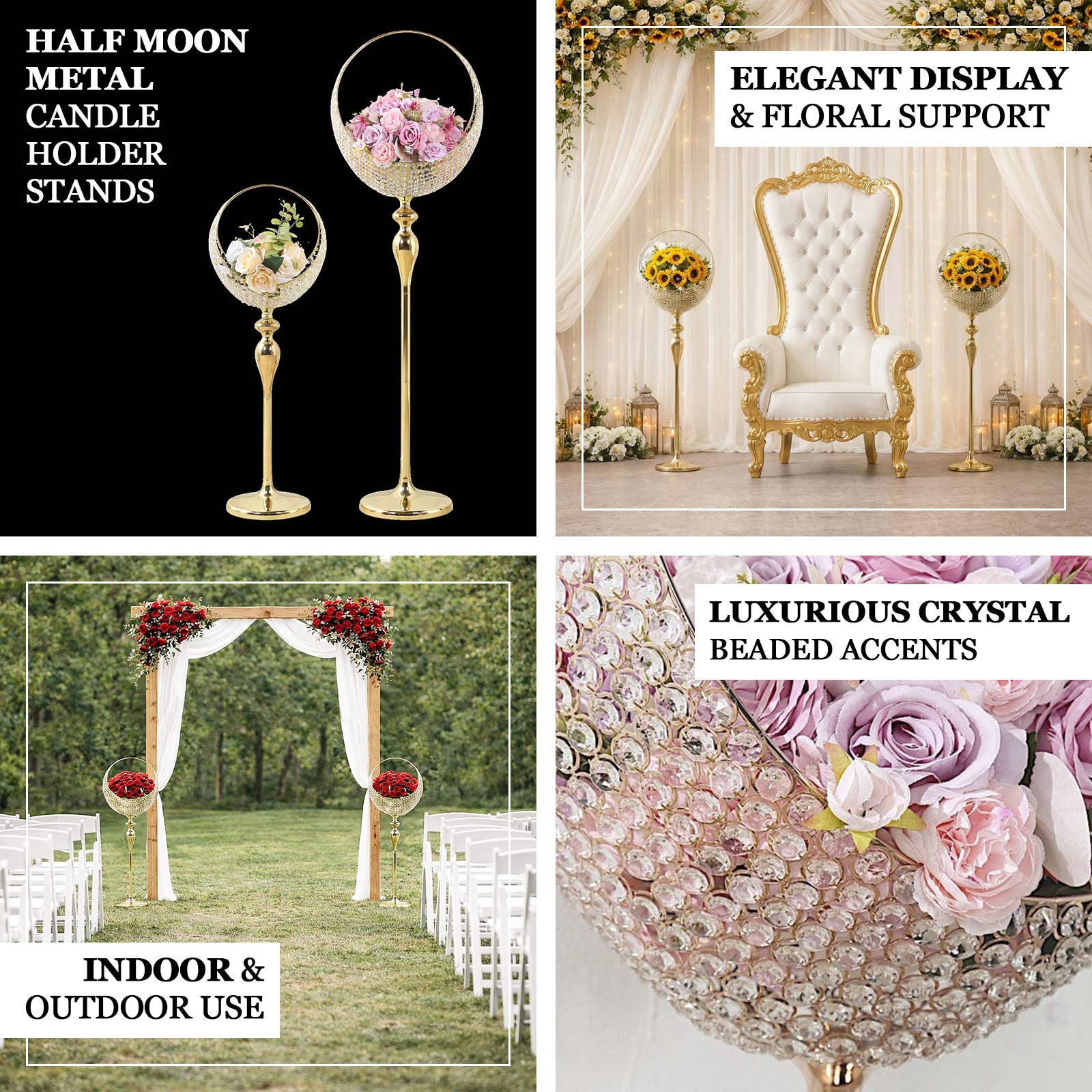 Gold crystal beaded metal flower stand candle holder centerpiece.