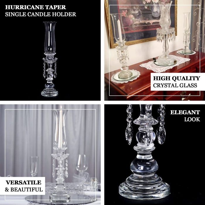 Clear crystal glass hurricane candle holder with chandelier chains.