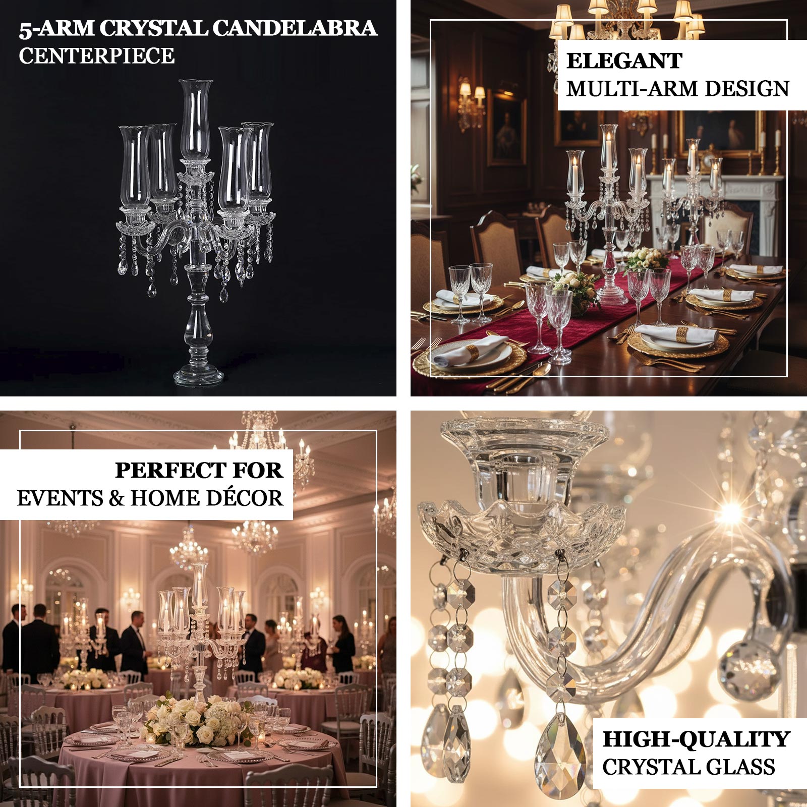 32" 5 Arm Premium Crystal Glass Taper Candle Holder Candelabra With Chandelier Chains