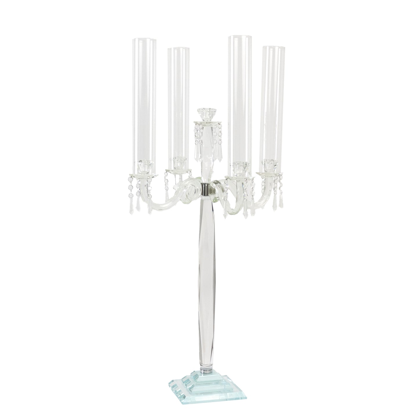 Elegant crystal candelabra taper candle holder with hurricane glass shades.